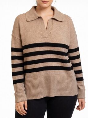 Crewneck Polo Stripe Sweater in Camel and Black